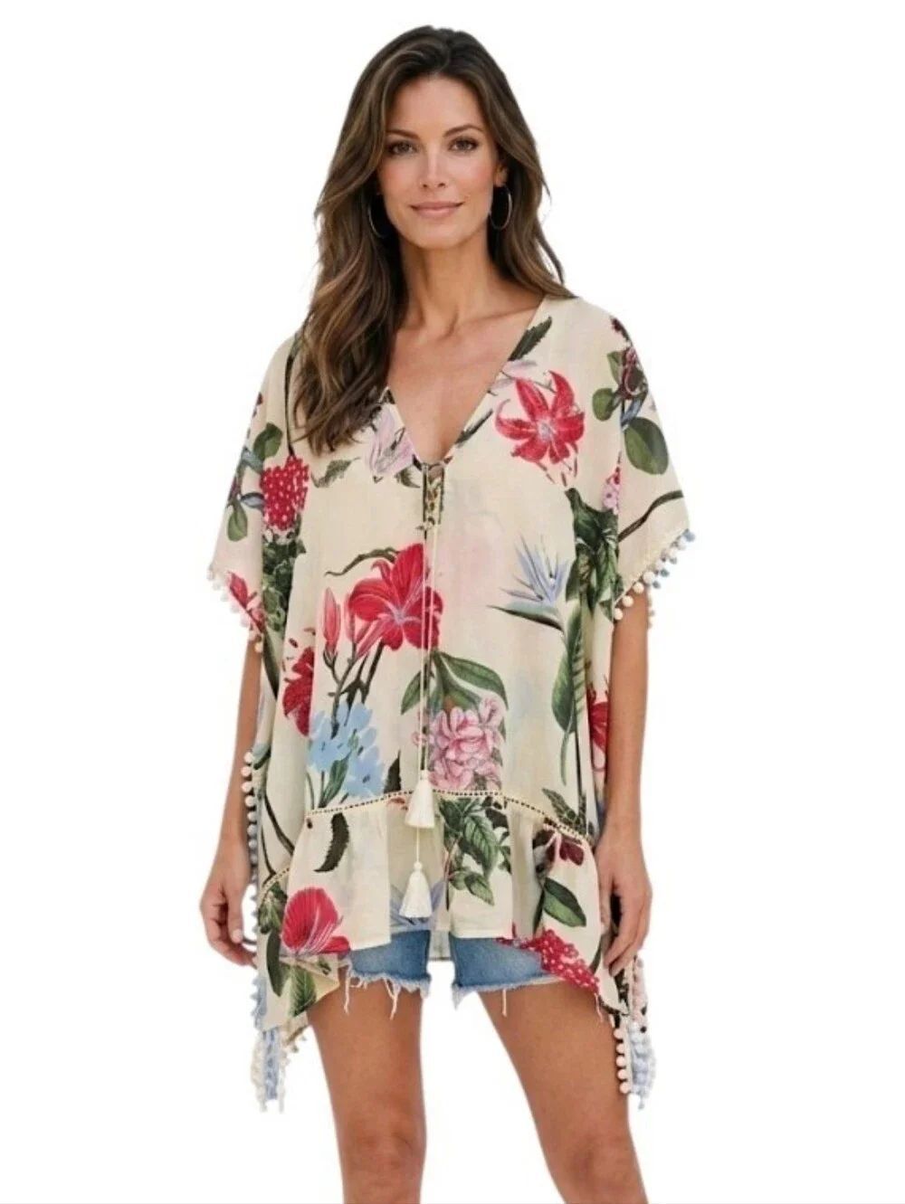 L&Z Europe Cream Floral Pom-Pom Fringe Cotton Kaftan Tunic Cover-Up One Size